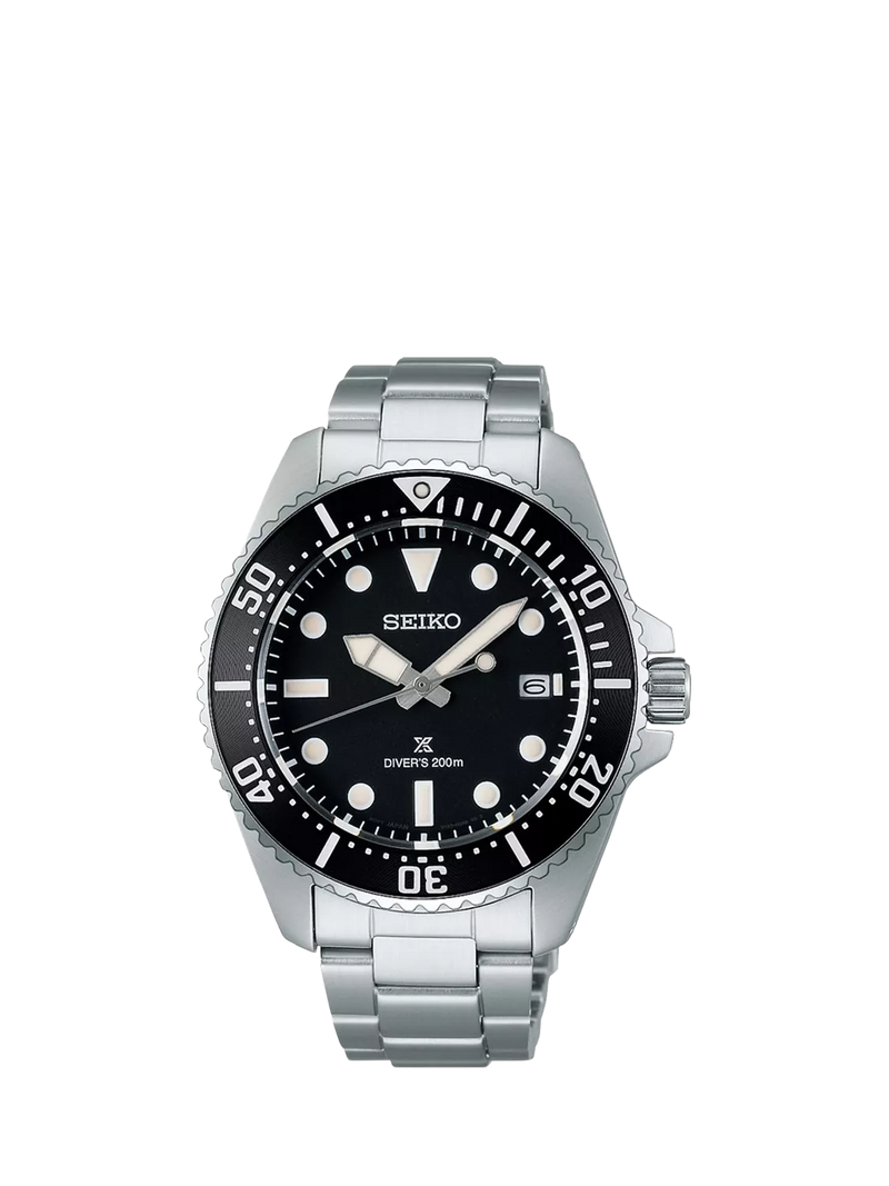 Seiko Prospex Solar Diver watch black dial silver bracelet (British brand)