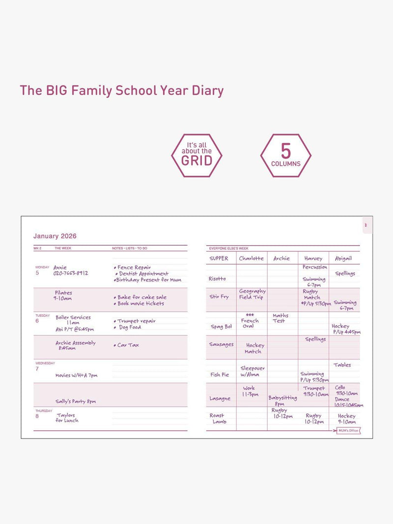 MUM's Office Big Family Planner pink hardback diary 2025-26, UK version