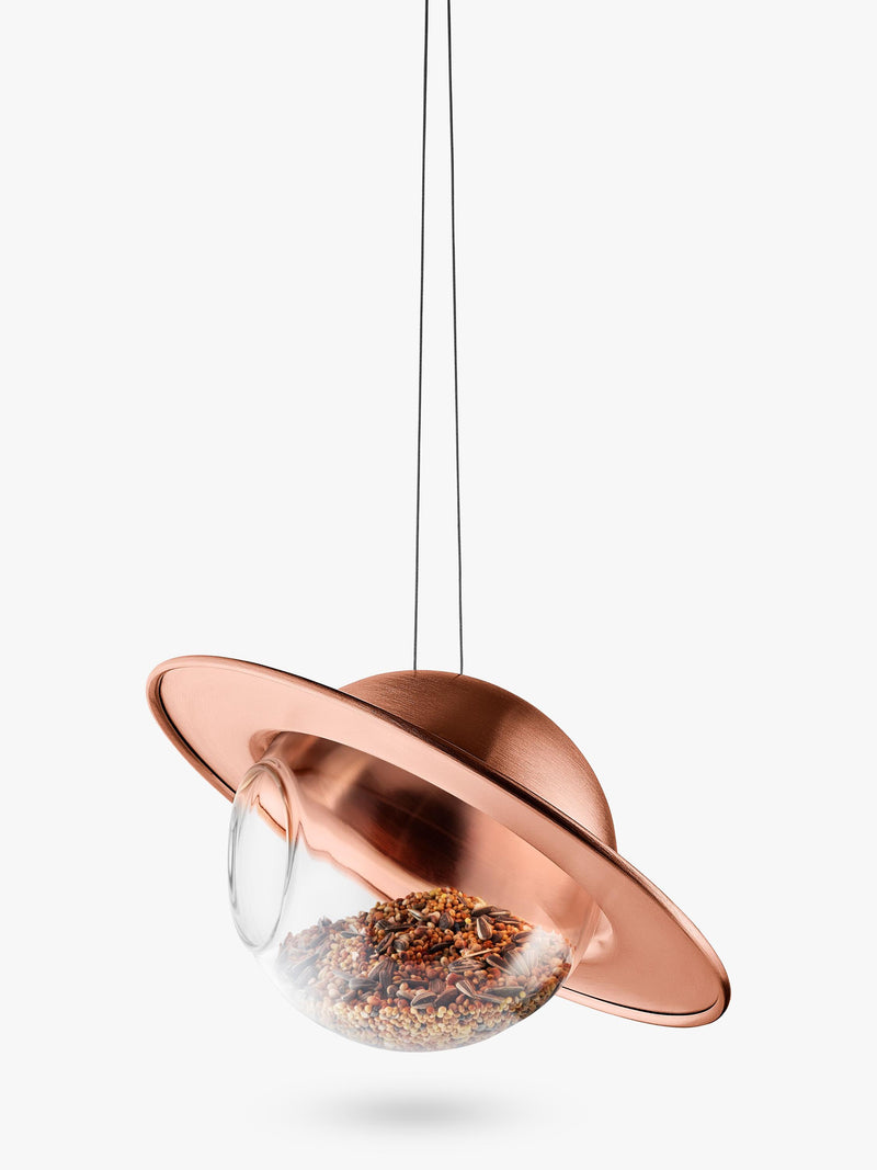 Eva Solo Saturn bird feeder with copper canopy and glass orb, imported from the UK