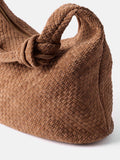 Mint Velvet brown woven suede knot detail bag, imported from the UK