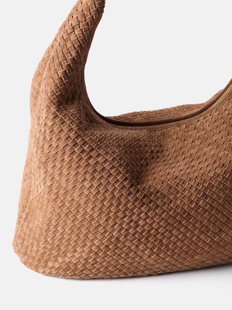 Mint Velvet brown woven suede knot detail bag, imported from the UK