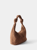 Mint Velvet brown woven suede knot detail bag, imported from the UK
