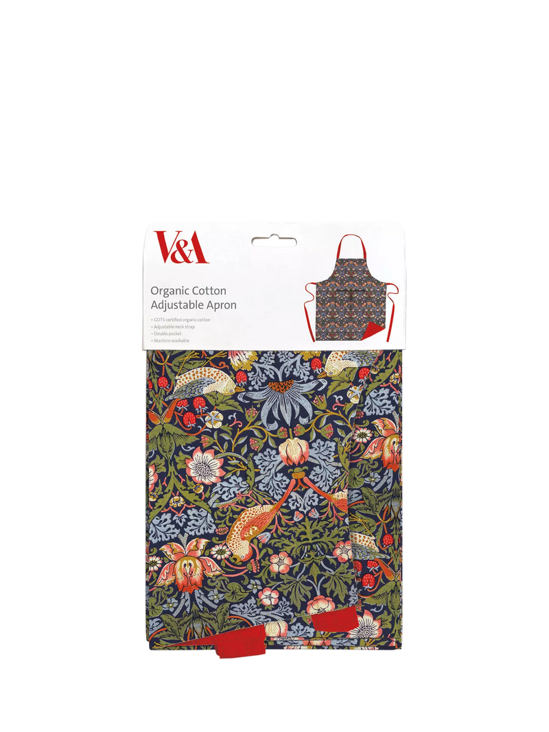 Museums & Galleries organic cotton apron with William Morris Strawberry Thief print (British brand)
