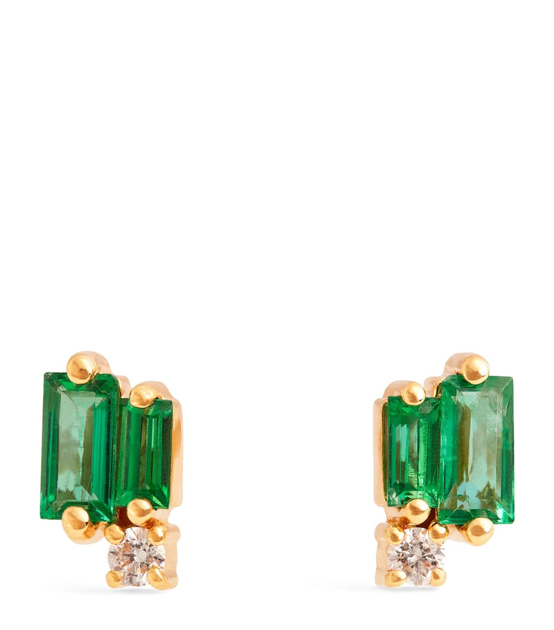 Suzanne Kalan yellow gold emerald diamond earrings 7x4mm, imported from the UK