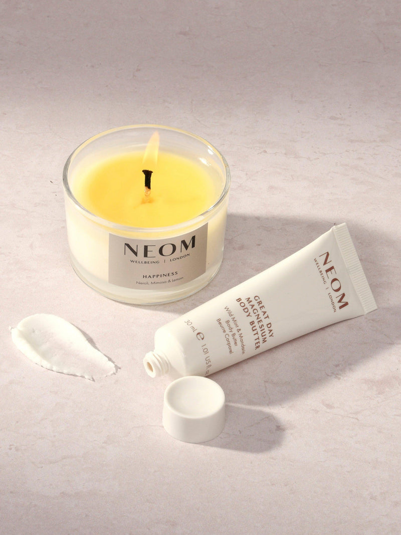 NEOM gift set with candle and body butter, imported from the UK