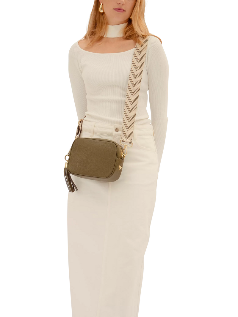 Apatchy London olive leather cross body bag with tassel (British brand)
