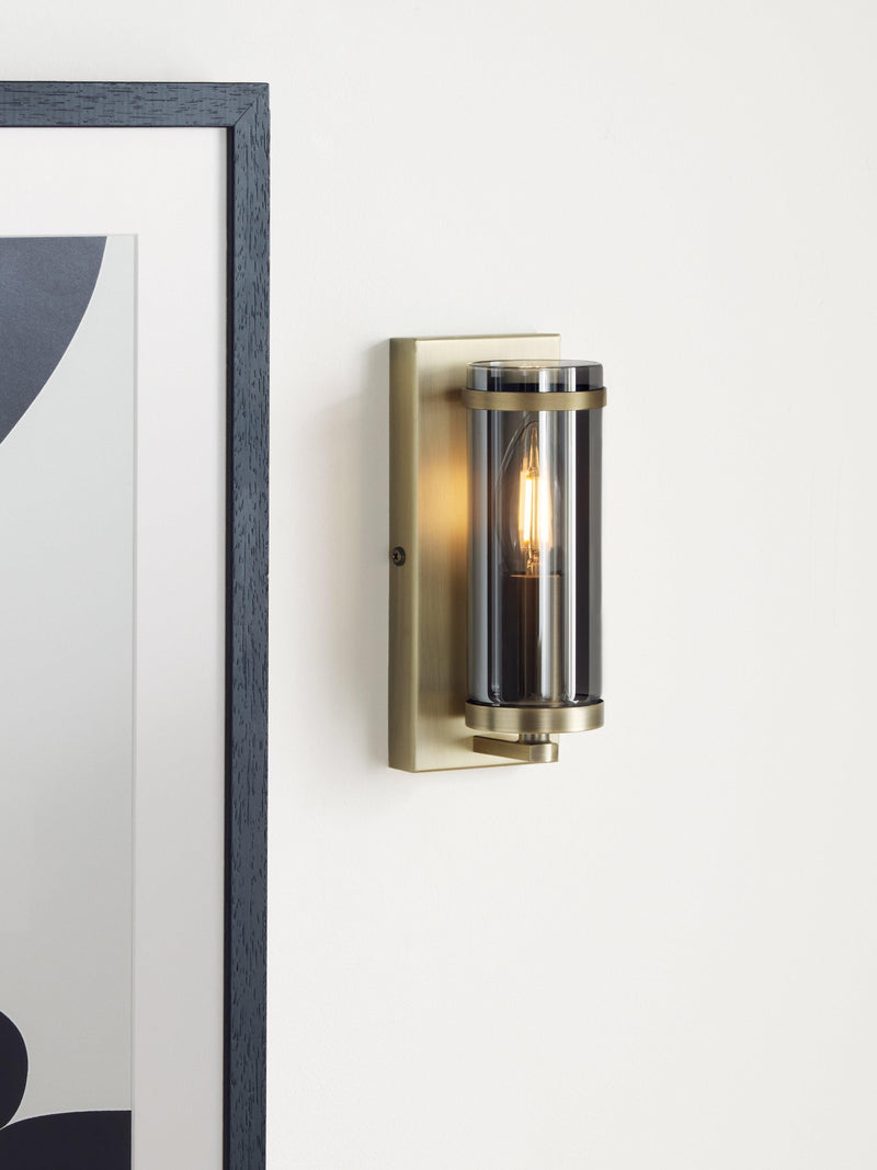 John Lewis Aragon single wall light antique brass smoked glass, imported from the UK