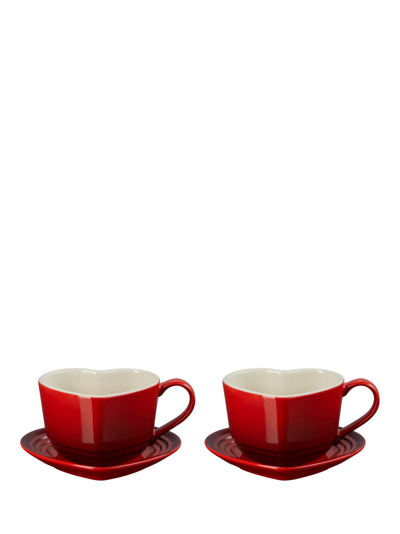 Le Creuset stoneware heart cups and saucers set, Cerise, 200ml, UK version