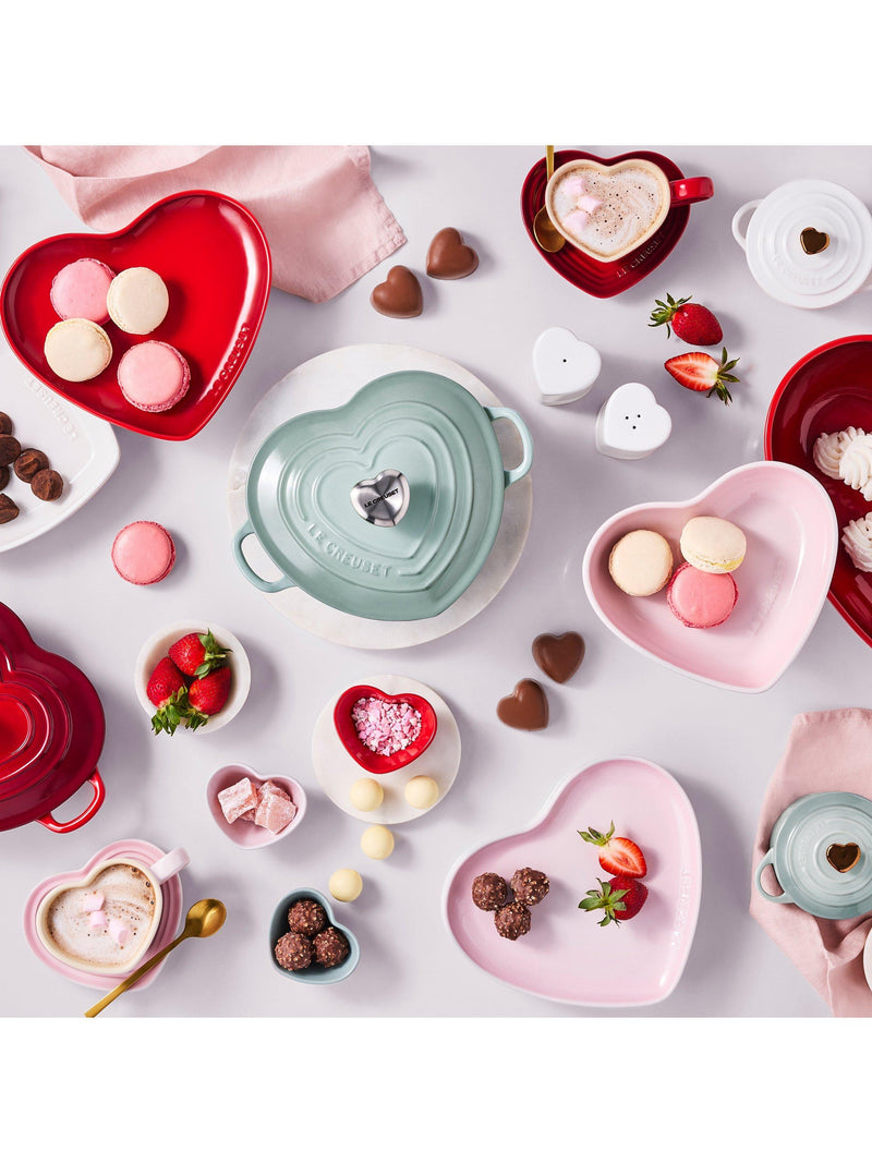 Le Creuset stoneware heart cups and saucers set, Cerise, 200ml, UK version