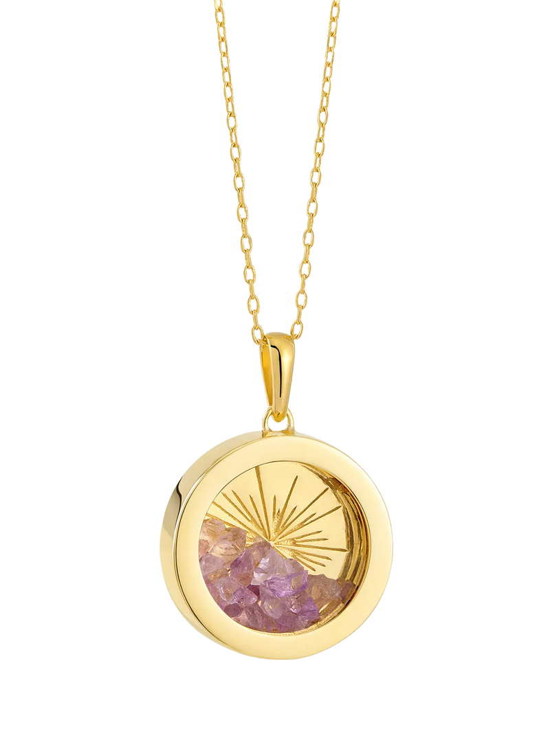 Rachel Jackson London Art Deco sun amulet with amethyst pendant, medium (British brand)
