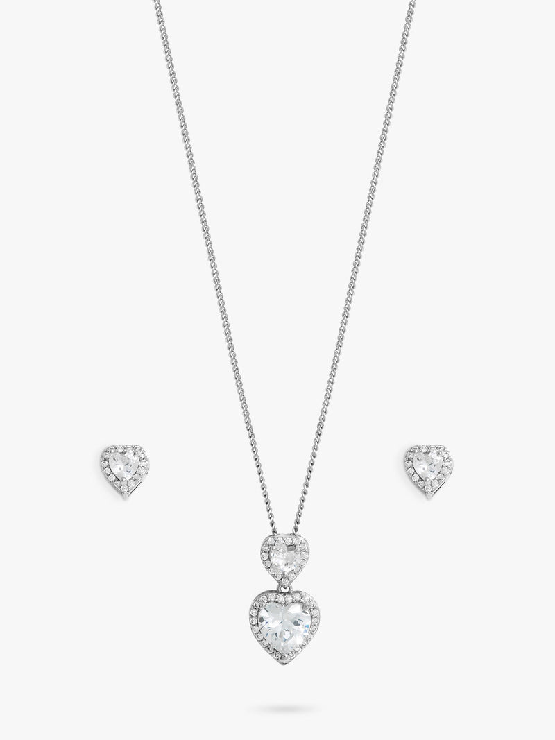Cubic Zirconia Halo Double Heart Necklace and Stud Earrings Set in Silver Finish Box