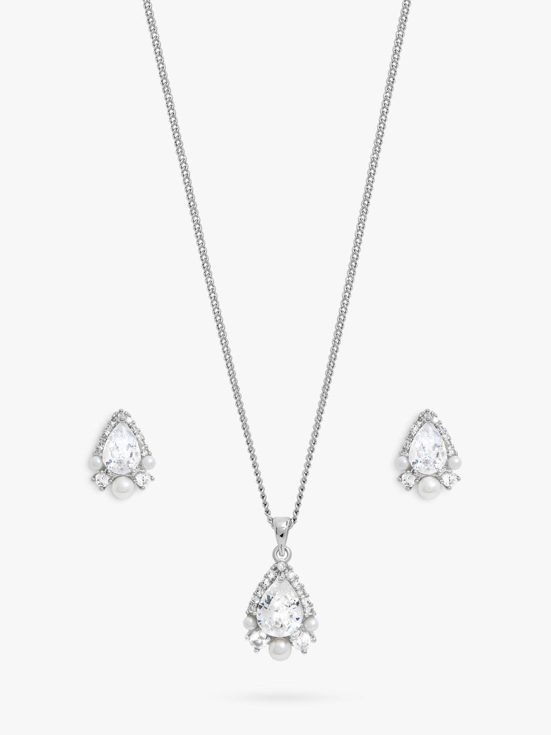 Pear-Shaped Cubic Zirconia and Pearl Necklace and Earring Set in Silver Finish Box
