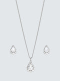 Pear-Shaped Cubic Zirconia and Pearl Necklace and Earring Set in Silver Finish Box