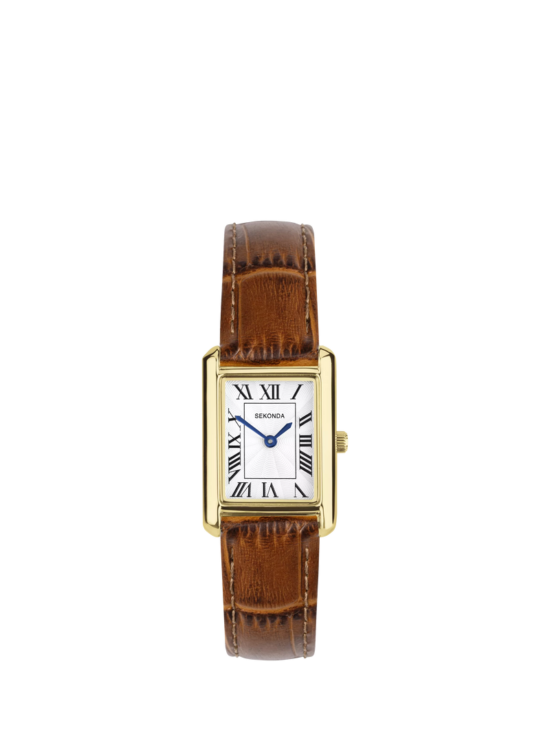 Sekonda women's rectangular guilloche dial watch with leather strap (British brand)
