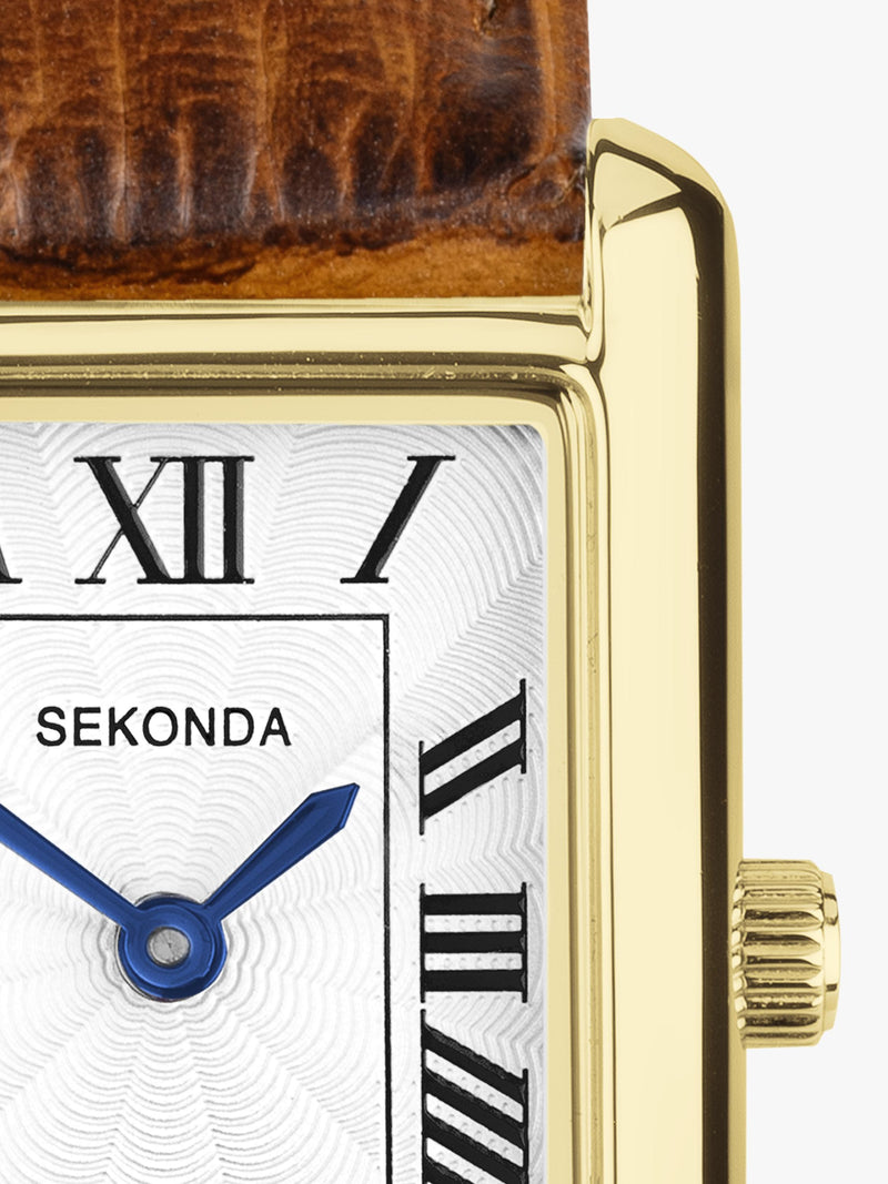 Sekonda women's rectangular guilloche dial watch with leather strap (British brand)