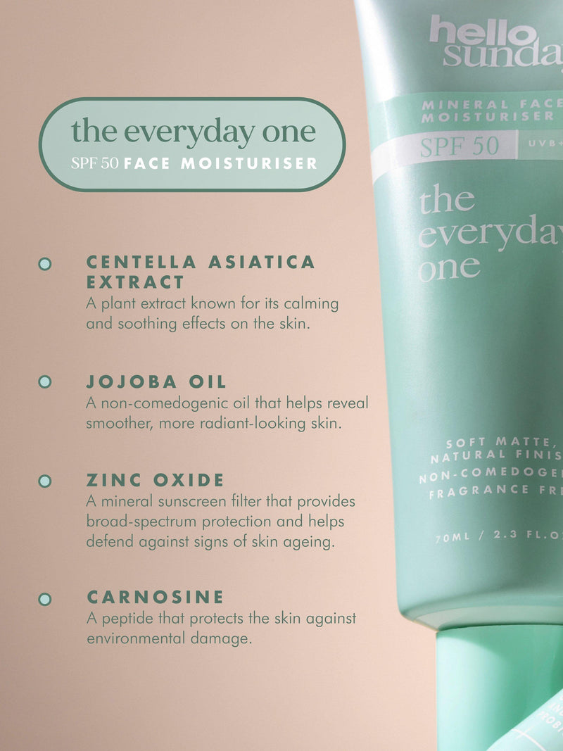 Hello Sunday Mineral SPF 50 Non-Comedogenic Moisturiser with Centella Asiatica 70ml, UK version