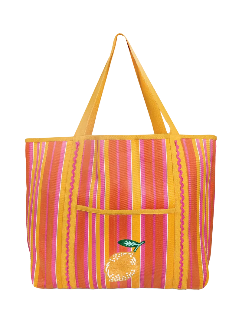 Talking Tables lemon and striped print recycled tote bag, imported from the UK