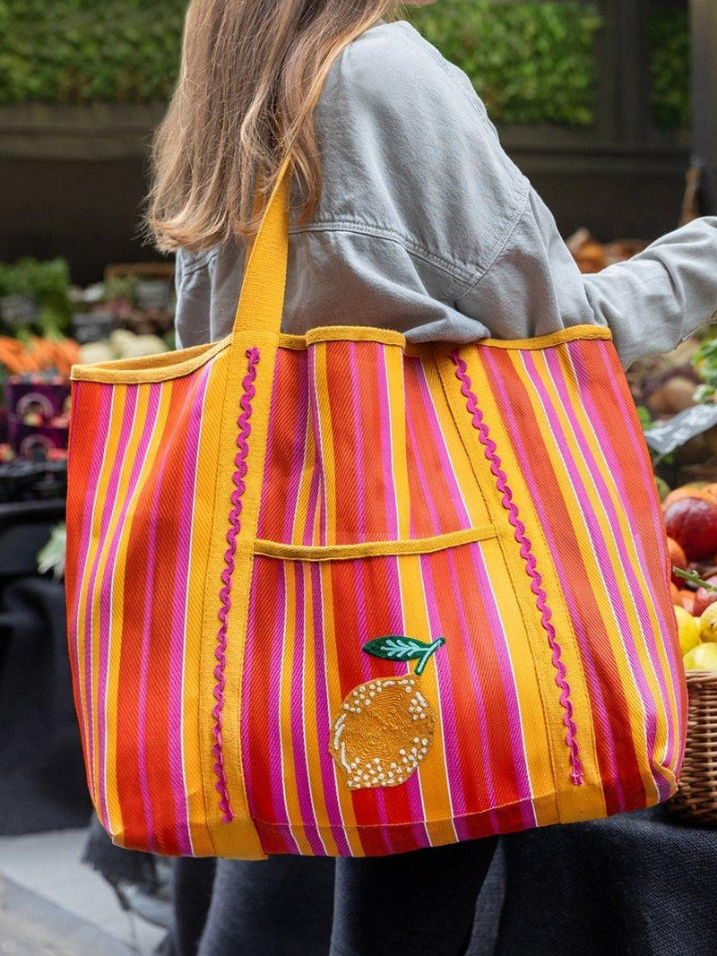 Talking Tables lemon and striped print recycled tote bag, imported from the UK