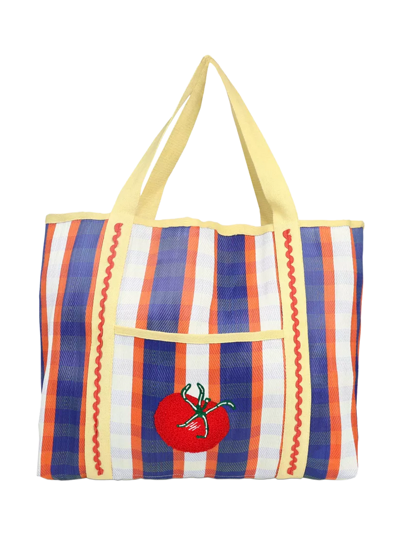 Talking Tables tomato and striped print tote bag (British brand)