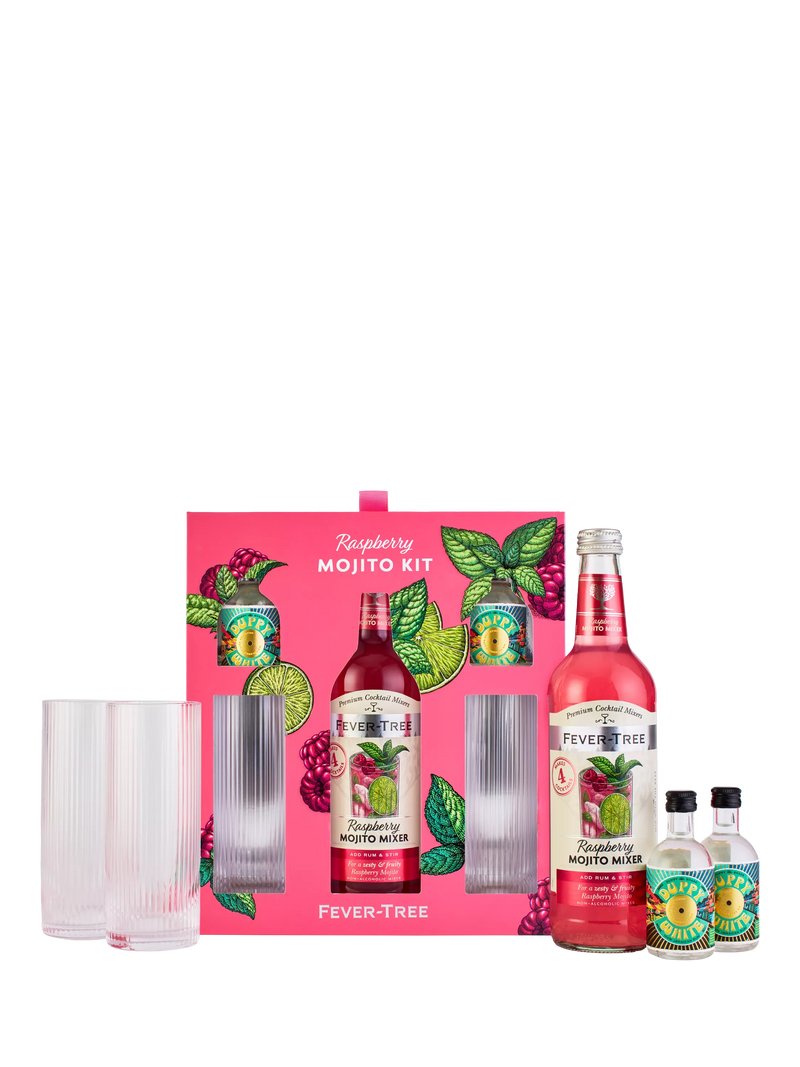 Fever-Tree raspberry mojito cocktail set with white rum miniatures and glasses - British product