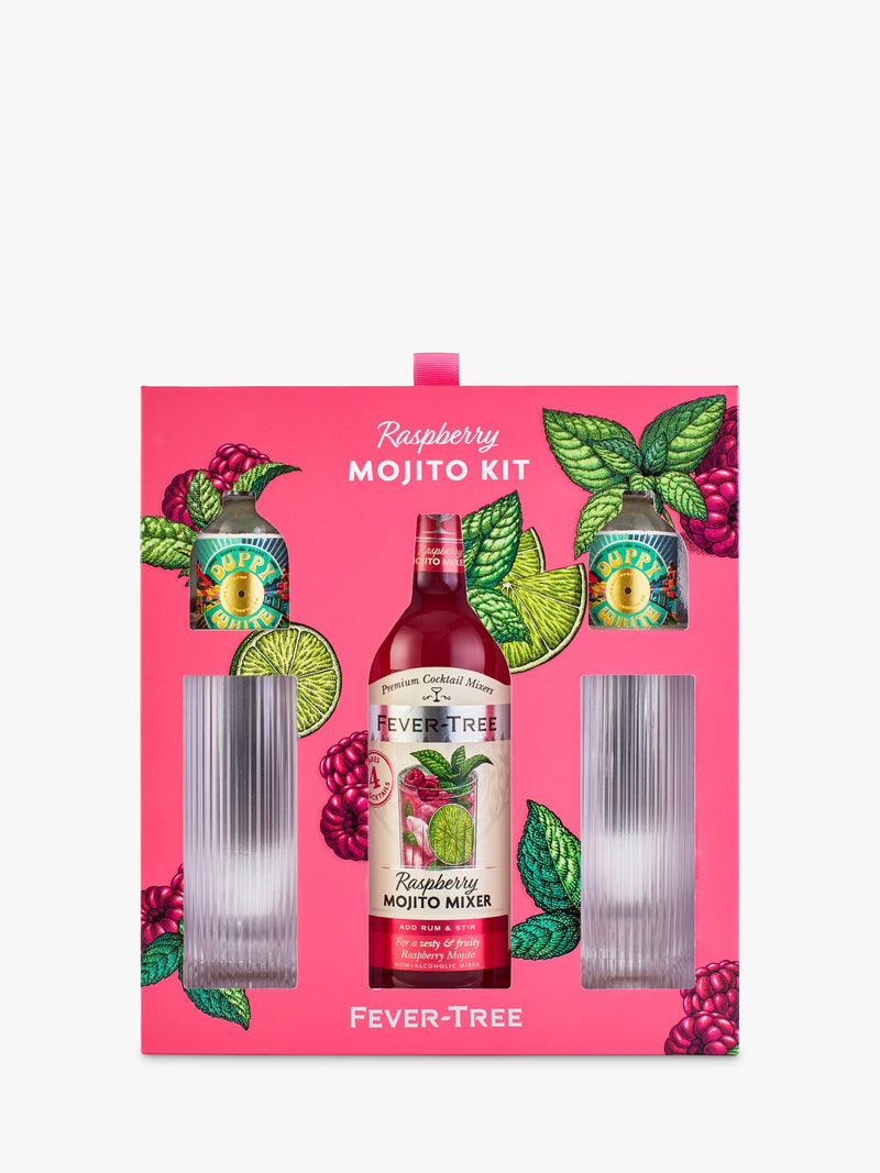 Fever-Tree raspberry mojito cocktail set with white rum miniatures and glasses - British product