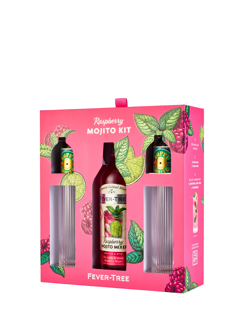 Fever-Tree raspberry mojito cocktail set with white rum miniatures and glasses - British product