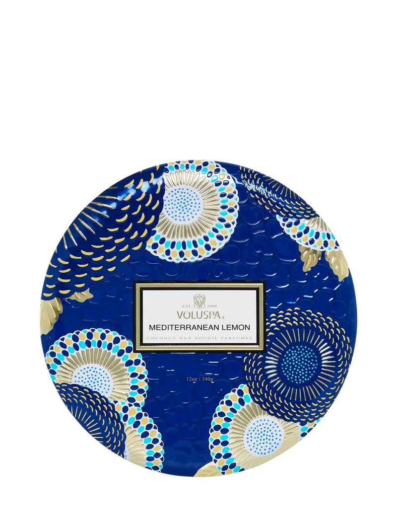 Voluspa Mediterranean Lemon scented candle in tin with three wicks, 340g (British brand)