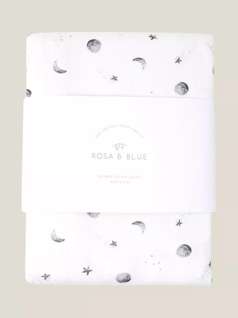 Rosa & Blue cotbed fitted sheet moon print white - British product