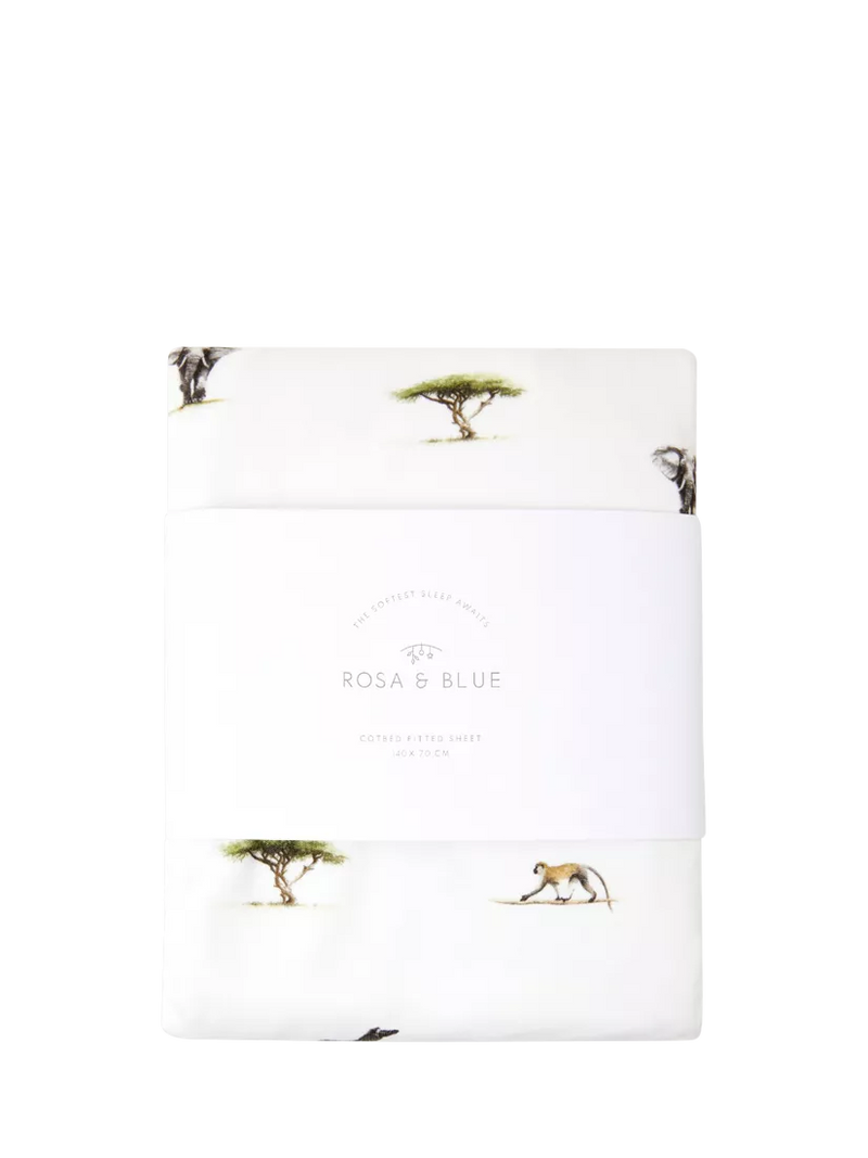 Rosa & Blue cotbed fitted sheet safari print white, UK version