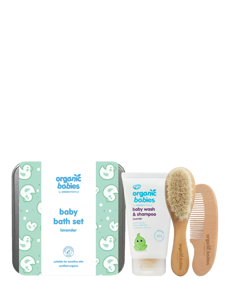 Green People Organic Babies baby bath set with lavender wash and comb (British brand)