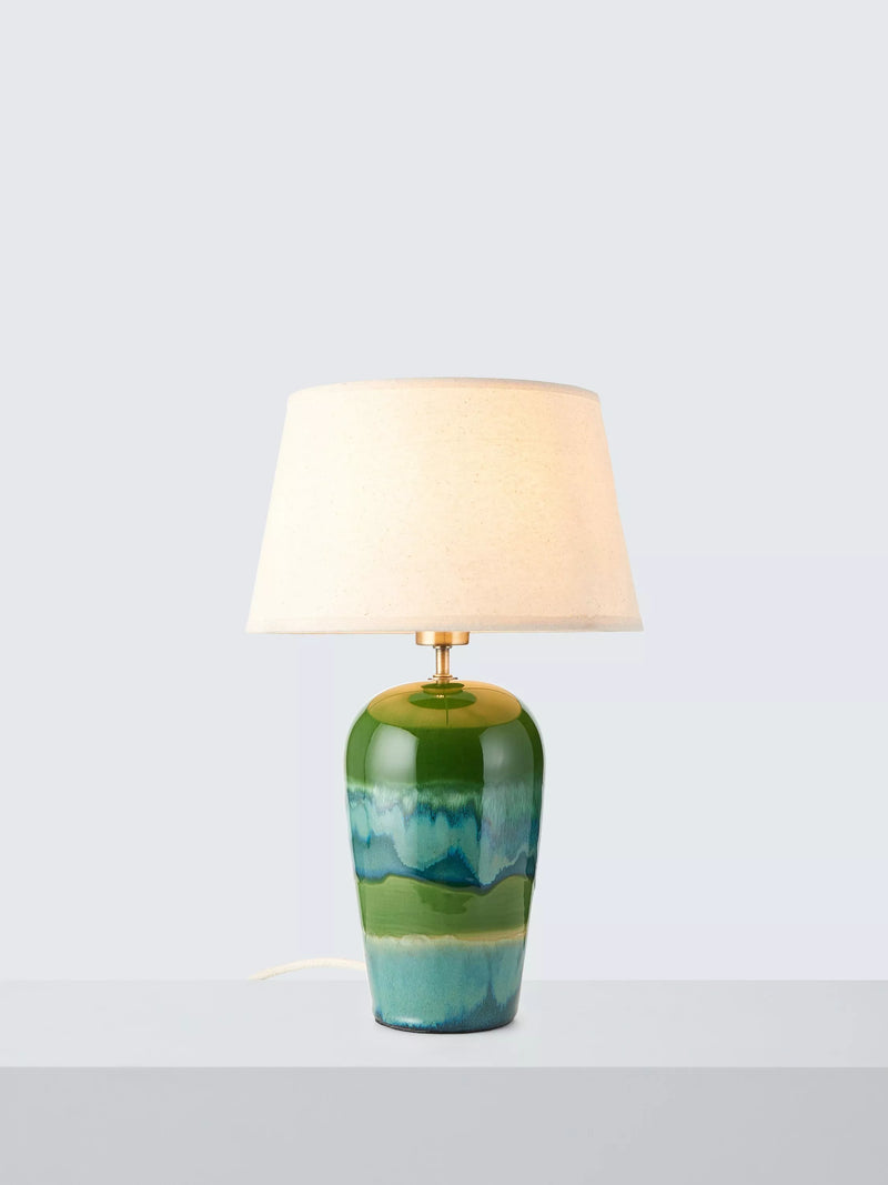 John Lewis Hugo ceramic table lamp in green reactive glaze, UK version
