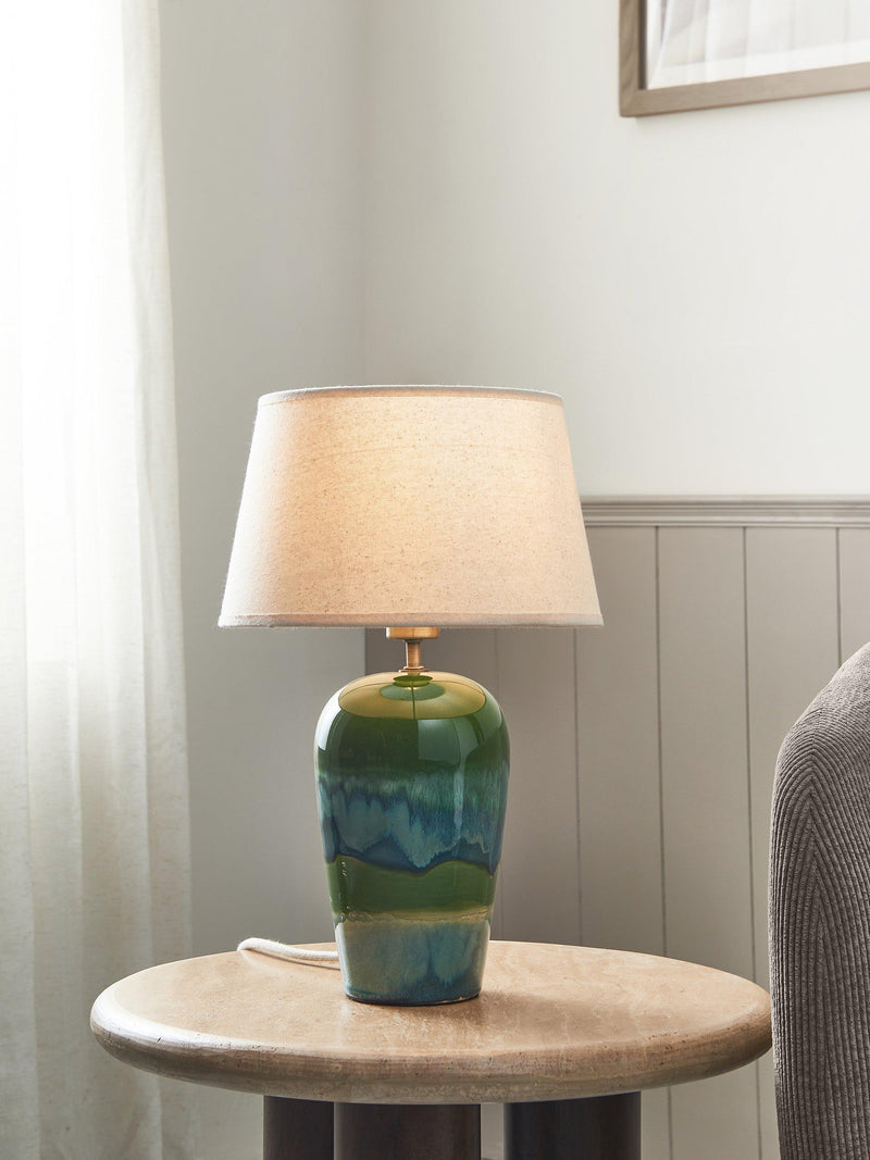 John Lewis Hugo ceramic table lamp in green reactive glaze, UK version