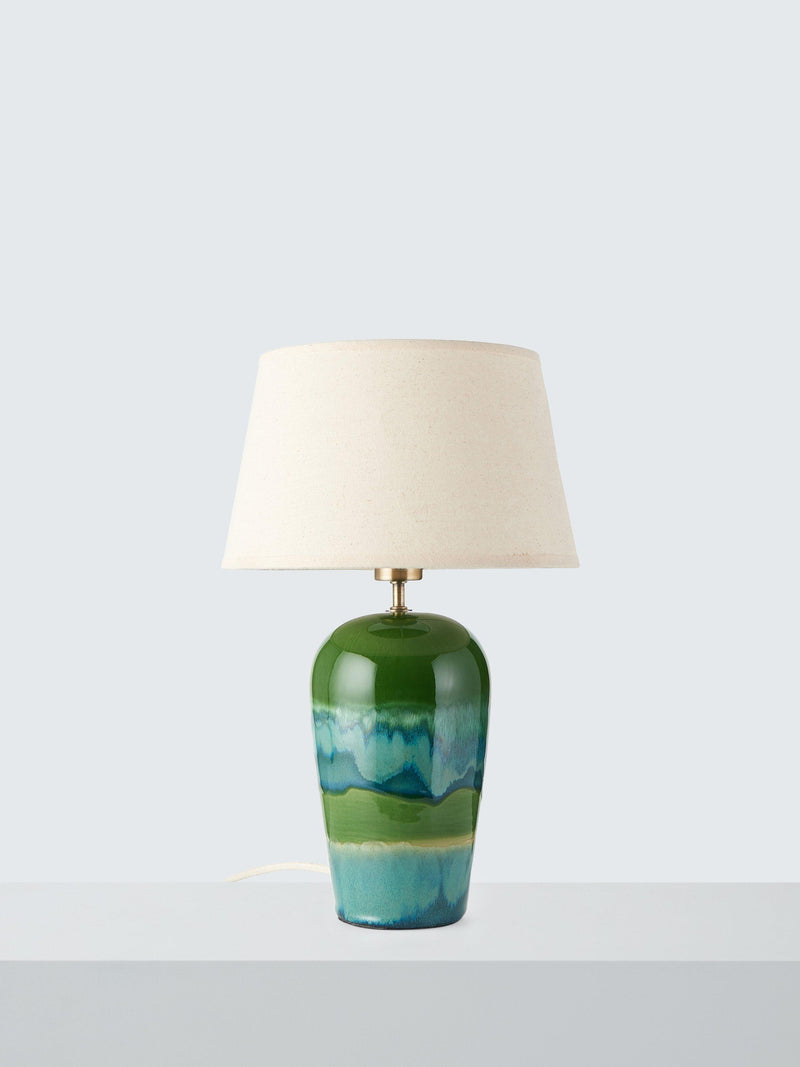 John Lewis Hugo ceramic table lamp in green reactive glaze, UK version