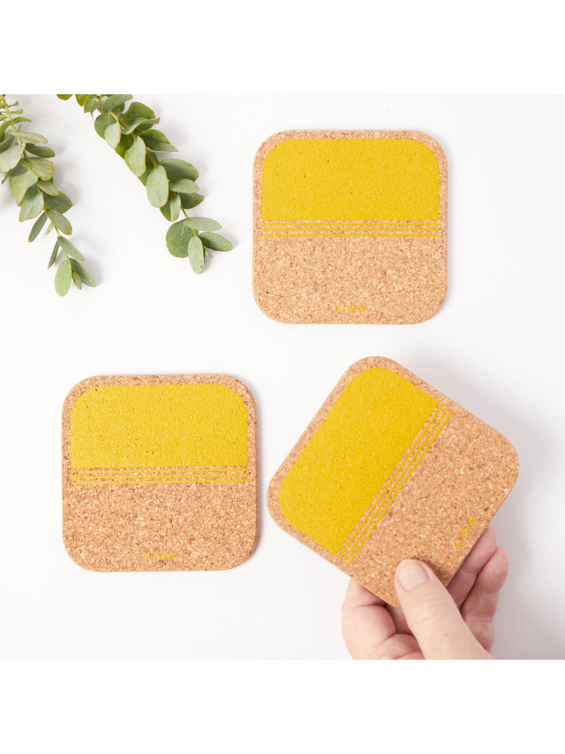 LIGA organic cork coasters set of 4 yellow (British brand)