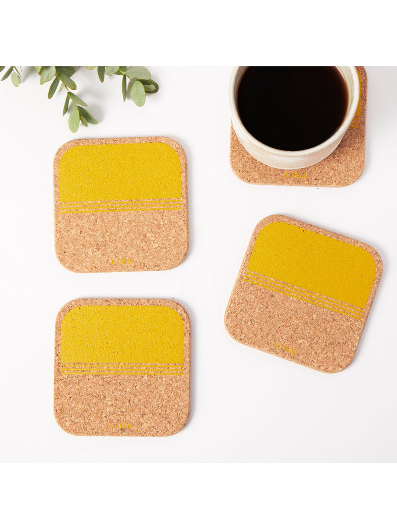 LIGA organic cork coasters set of 4 yellow (British brand)