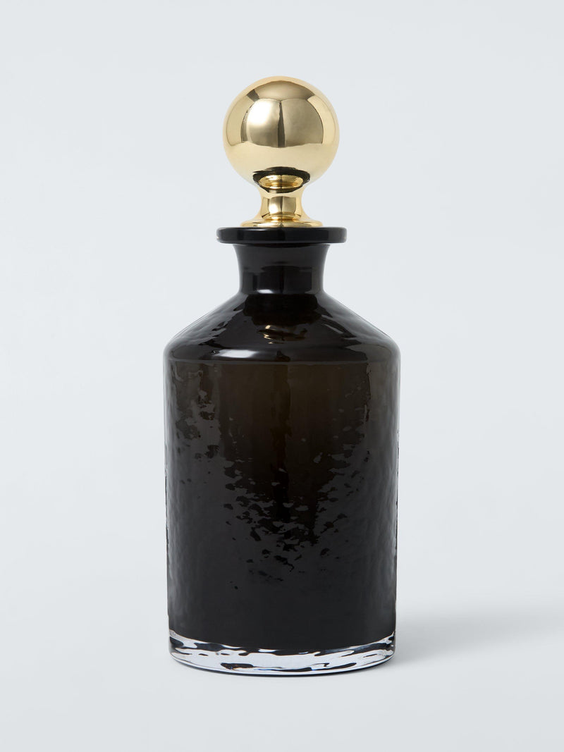 John Lewis black glass decanter and tumbler gift set with gold accents, imported from the UK