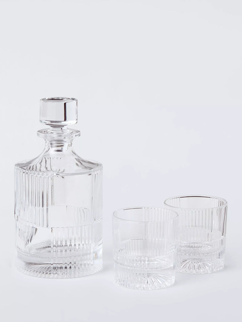 John Lewis ribbed cut glass decanter and tumblers, imported from the UK