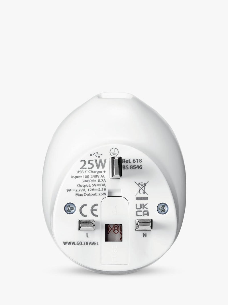 Go Travel 25W USB-C fast charge plug adaptor, imported from the UK