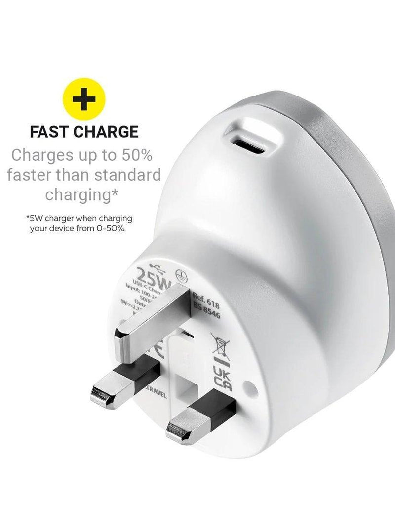 Go Travel 25W USB-C fast charge plug adaptor, imported from the UK
