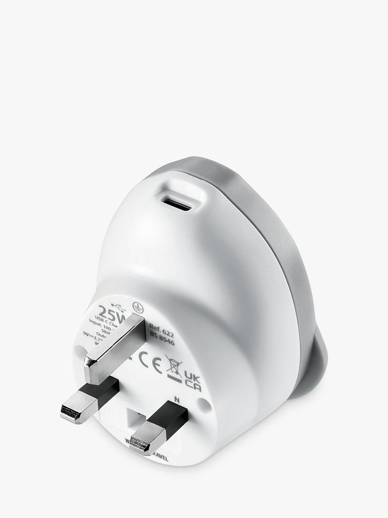Go Travel plug adaptor worldwide to UK 25W USB-C, imported from the UK