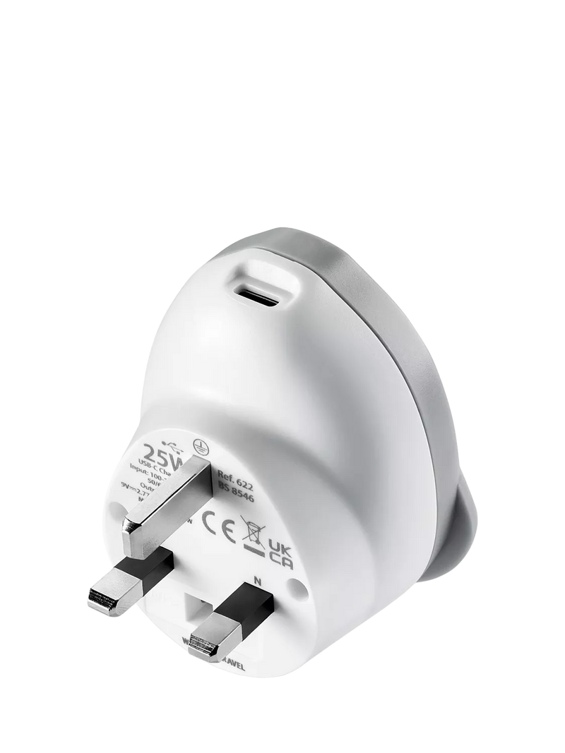 Go Travel plug adaptor worldwide to UK 25W USB-C, imported from the UK