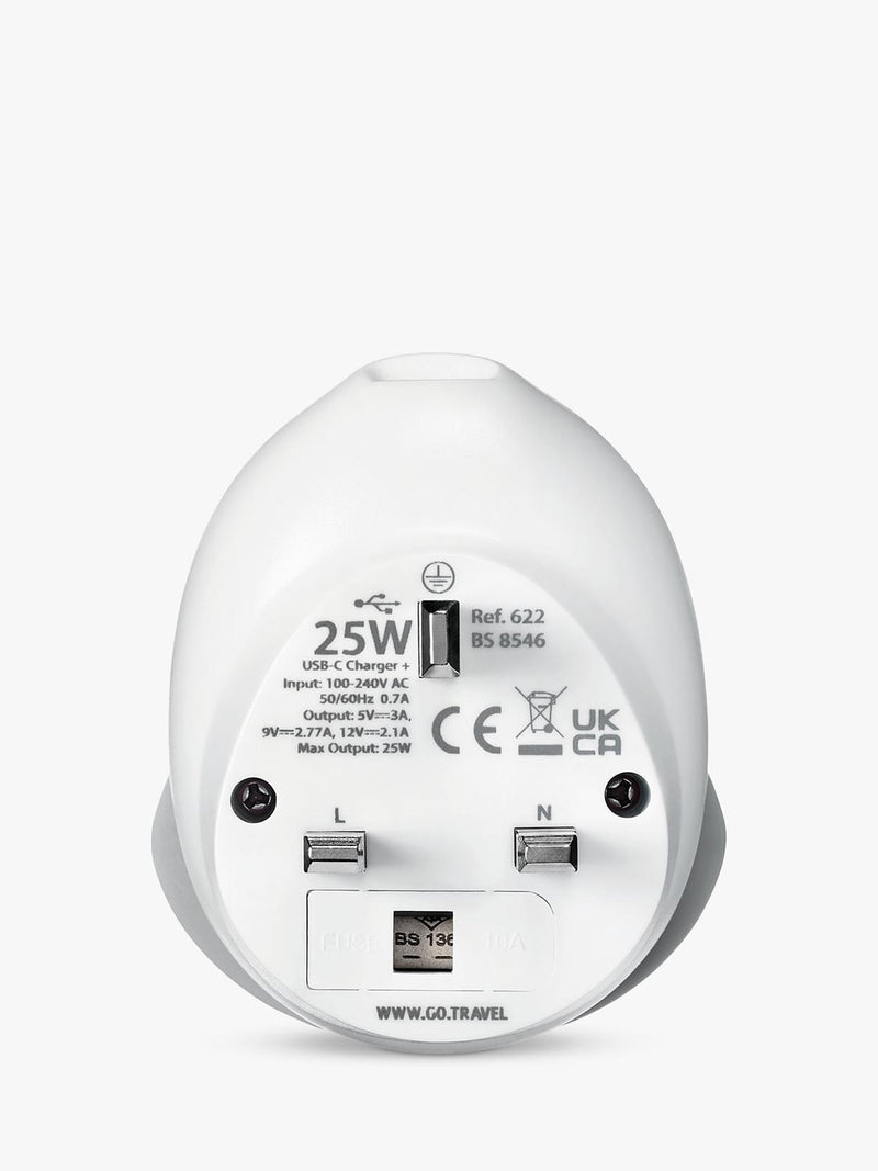 Go Travel plug adaptor worldwide to UK 25W USB-C, imported from the UK