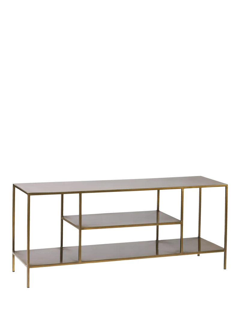 nkuku Mahi media shelving unit in brass - British product