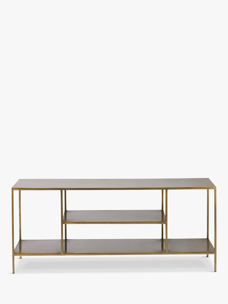 nkuku Mahi media shelving unit in brass - British product