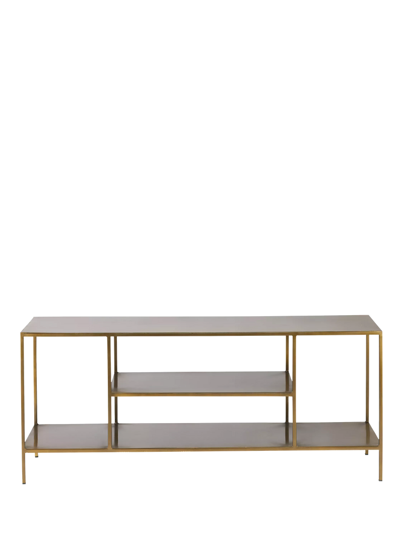 nkuku Mahi media shelving unit in brass - British product
