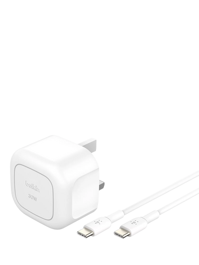 John Lewis Belkin BoostCharge Compact 30W USB-C Wall Charger and USB-C Cable, 1m, White- Buy online at McGrocer