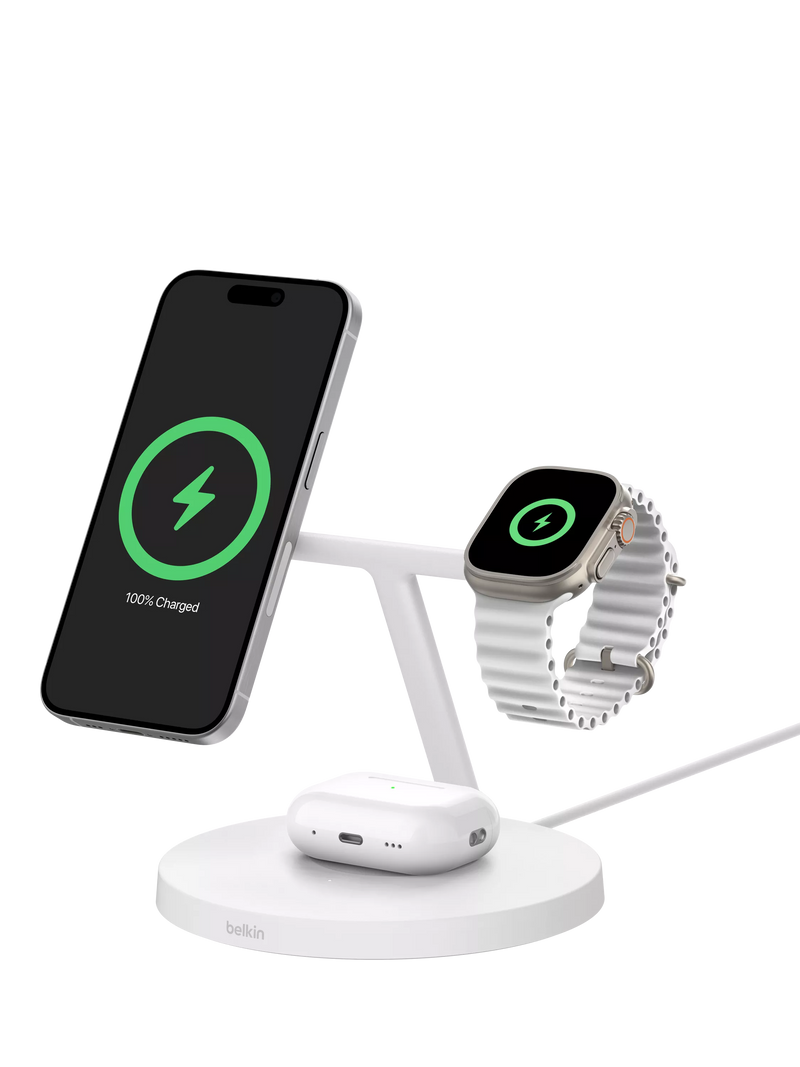 Belkin BoostCharge Pro 3-in-1 Wireless Charging Stand with Qi2, 15W, White