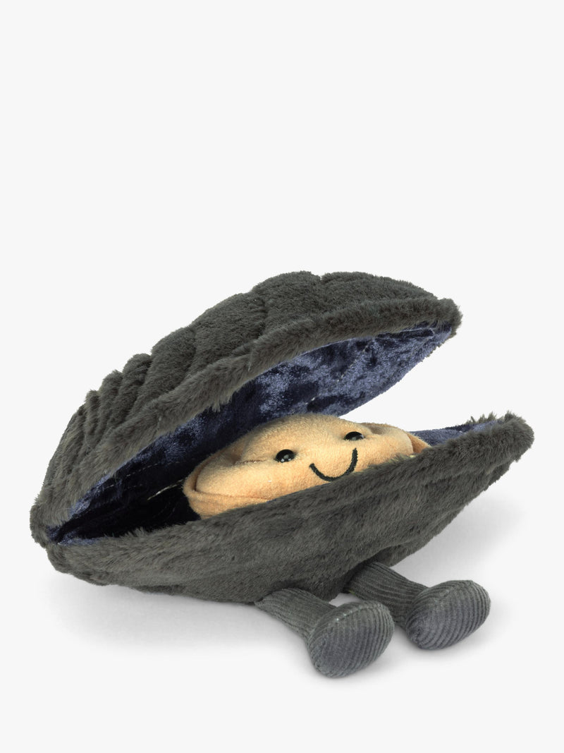 Mussel-Shaped Soft Toy with Charcoal Shell and Beige Suedette Body