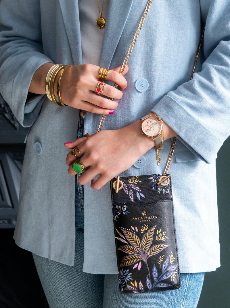 Sara Miller Black Botanic phone pouch with gold chain - British product