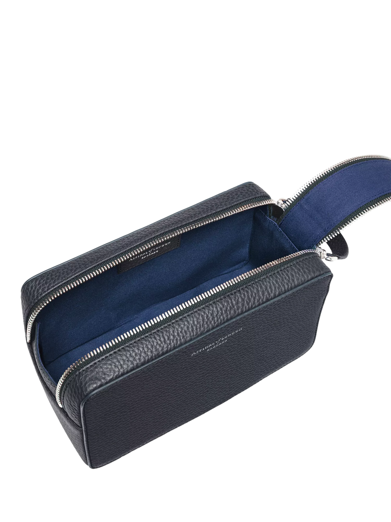 Aspinal of London Mount Street wash bag in navy leather (British brand)